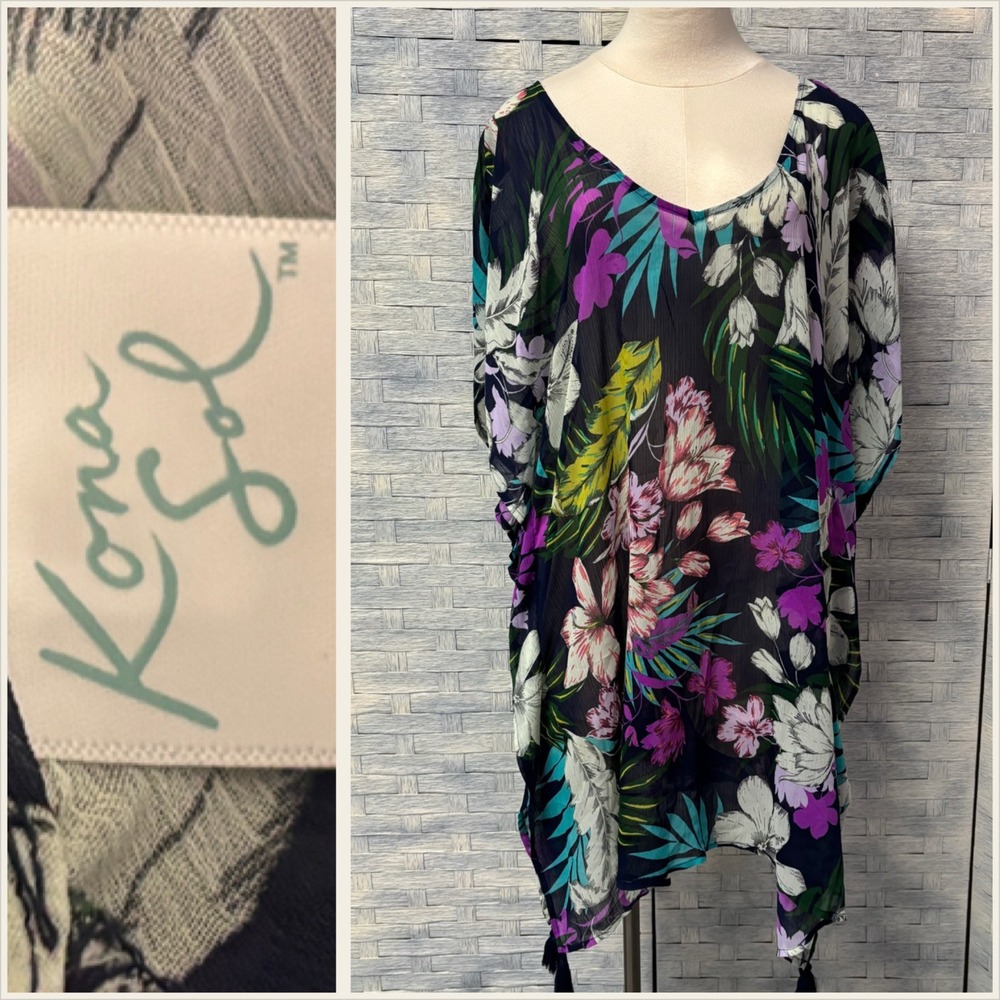 Kona Sol Womens M Tropical Floral Print‎ Criss Cross Back Swim Cover Up Kaftan